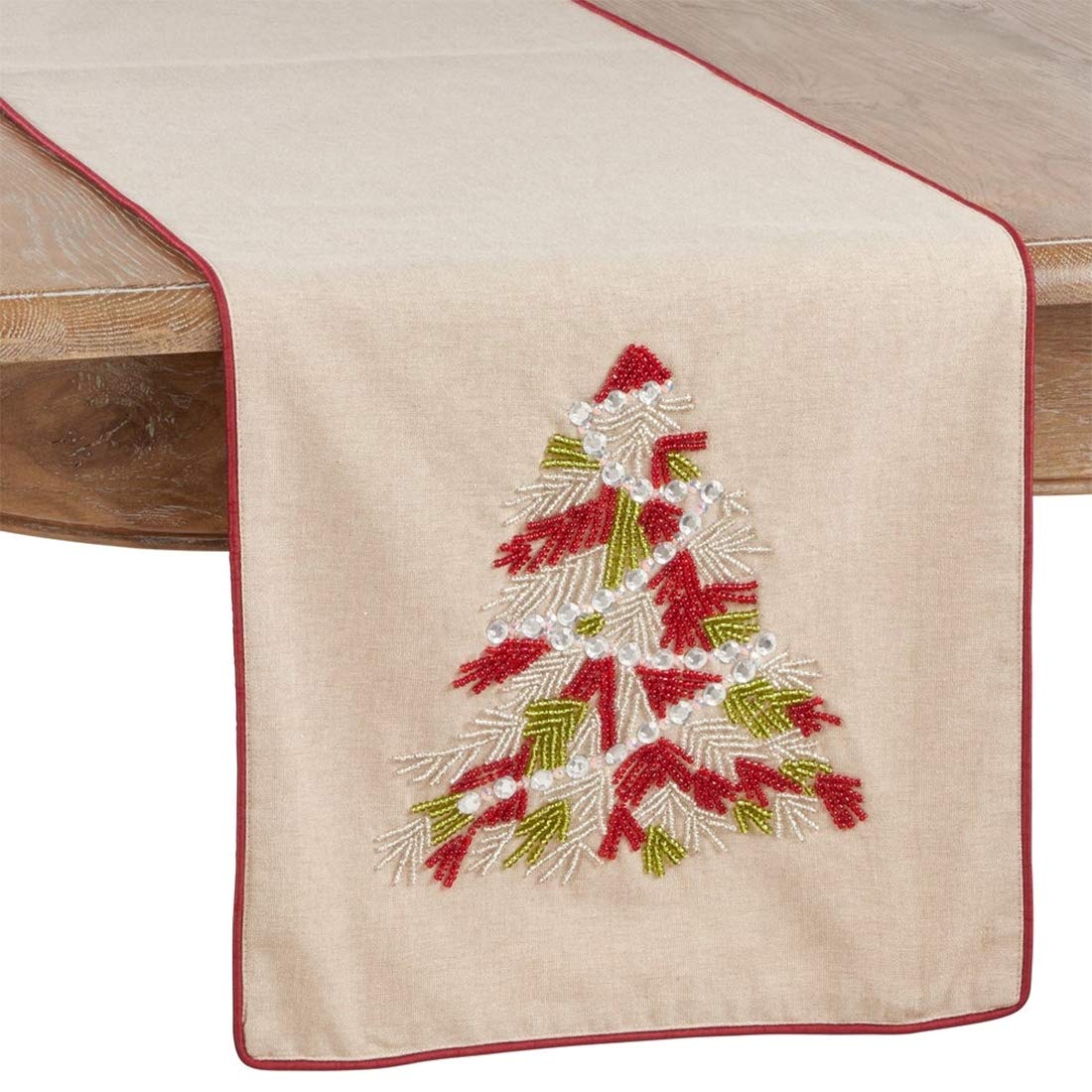 Beaded Christmas Tree Cotton Table Runner 16 x 72 Inch, holiday table linen for Christmas entertaining
