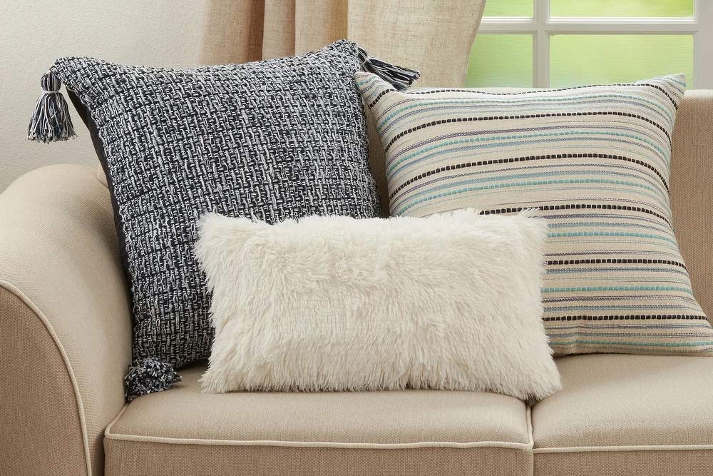 Fennco Styles Woven Textured Tassel Cotton Decorative Throw Pillow Cover 22" W x 22" L - Navy Blue Cushion Case for Home, Couch, Bedroom, Living Room and Office Décor