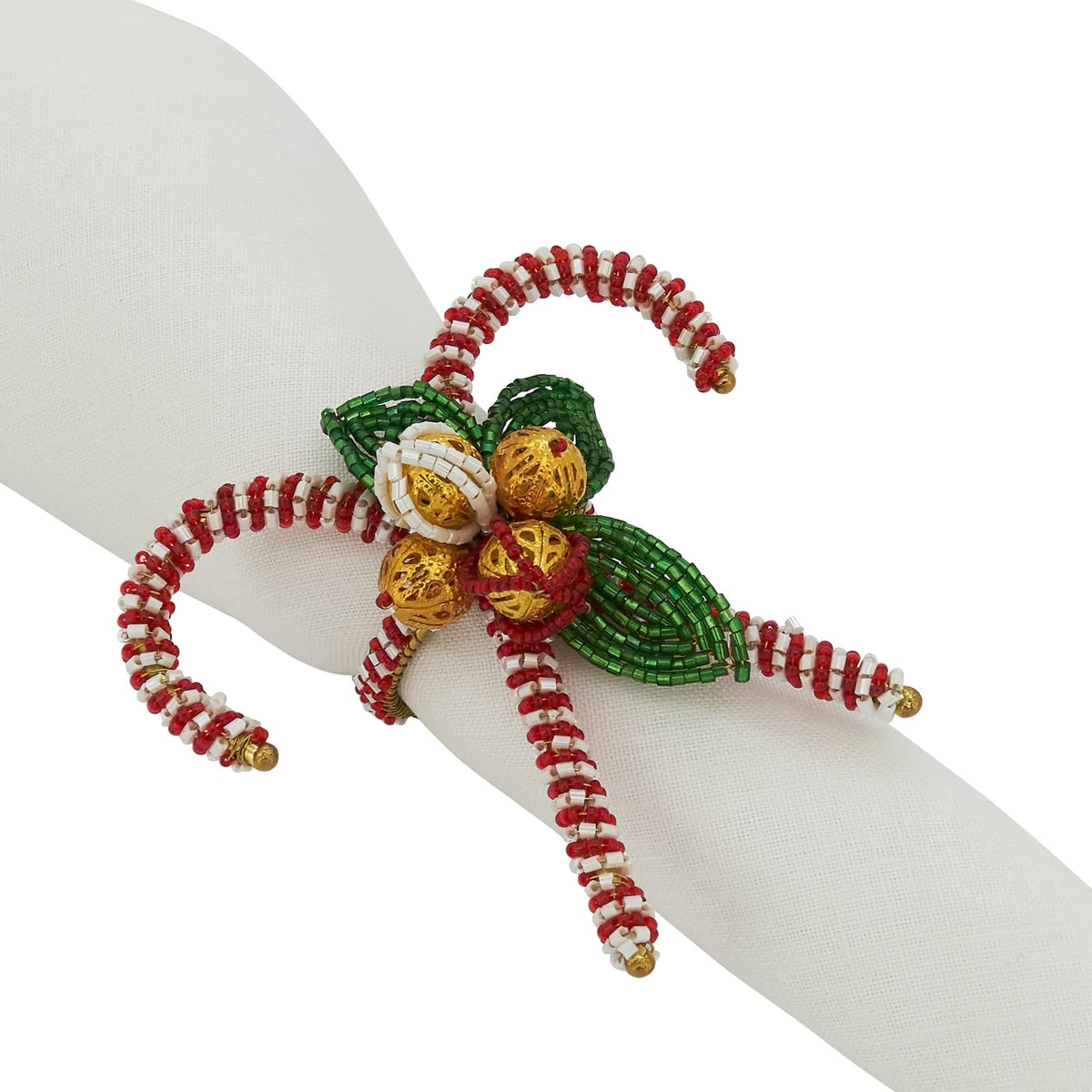 Fennco Styles Hand Beaded Candy Cane Christmas Napkin Rings, Set of 4 - Red & Green Glass Beads Napkin Holders for Home, Dining Room, Banquet, Family Gathering, Holiday Décor and Special Occasion