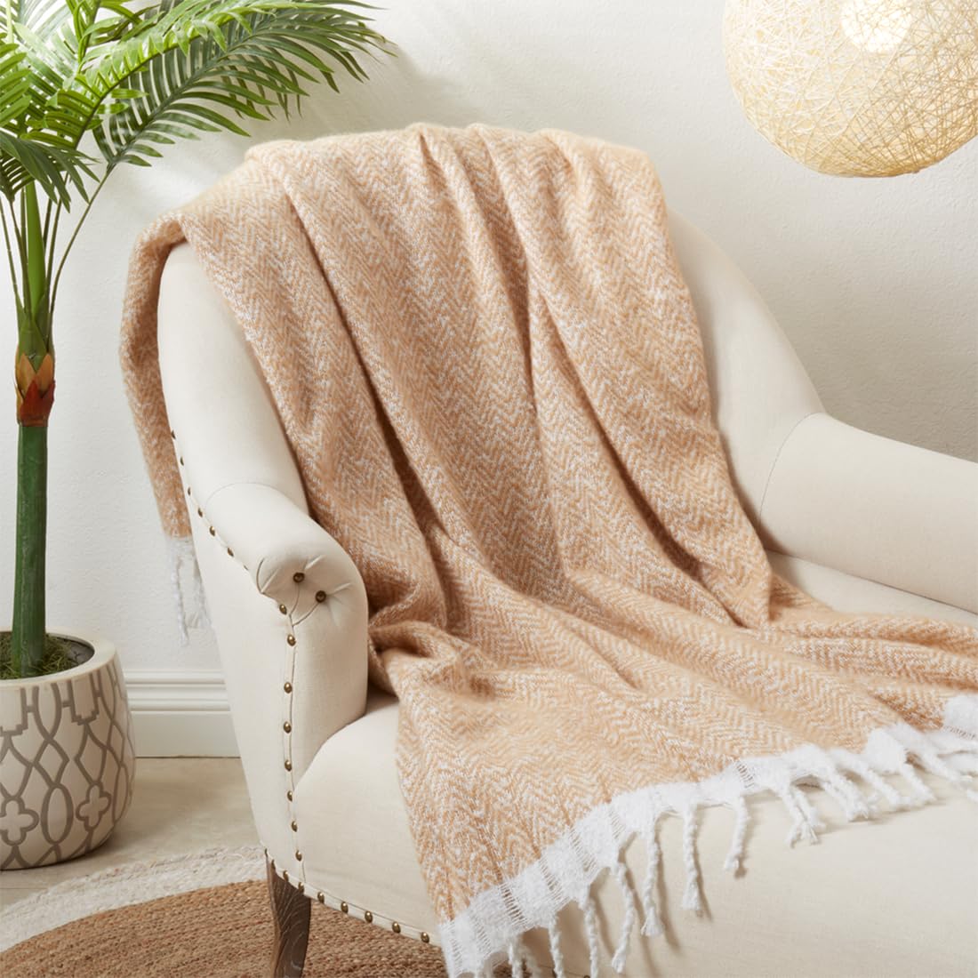Faux Mohair Herringbone Throw Blanket 50" W x 60" L – Natural Cozy Fringe Blanket for Home, Couch, Bedroom, Living Room, Office, and Holiday Décor
