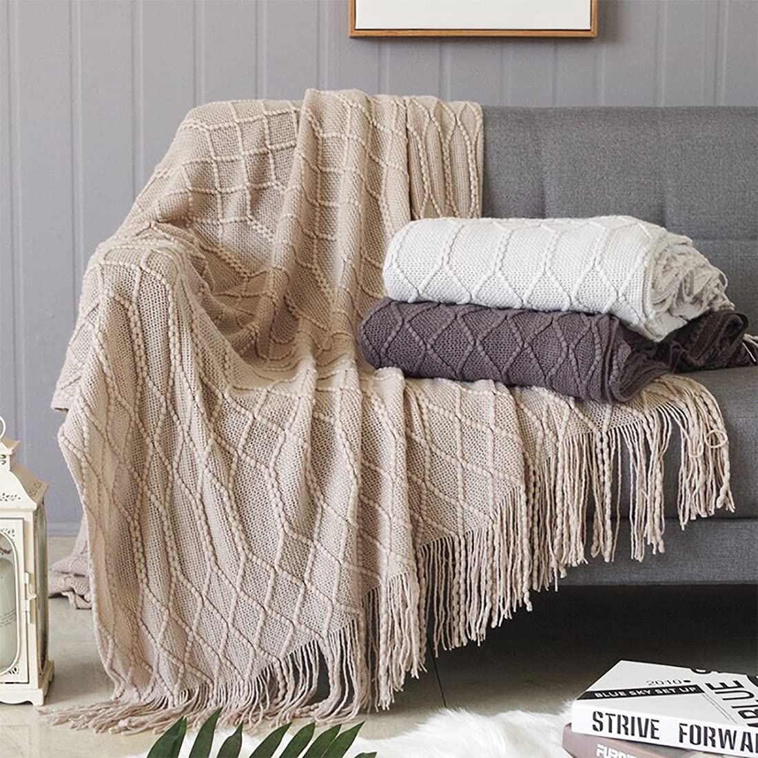 Fennco Styles Irregular Rhombus Diamond Knit Fringe Throw Blanket 50" W x 60" L – Camel Geometric Woven Blanket for Couch, Bedroom and Living Room Décor