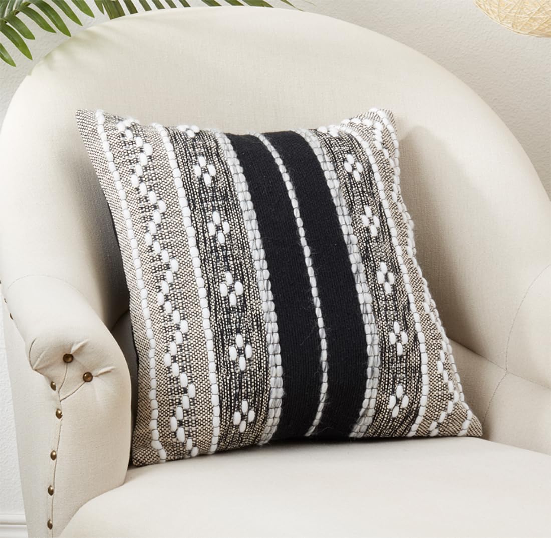Black Multi-Pattern Woven Cotton Decorative Throw Pillow Cover