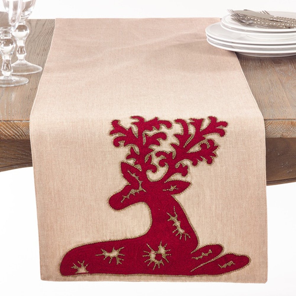 Elegant Holiday Embroidered Deer Cotton Table Runner 16 x 72 Inch — decorative table accent for dining room styling
