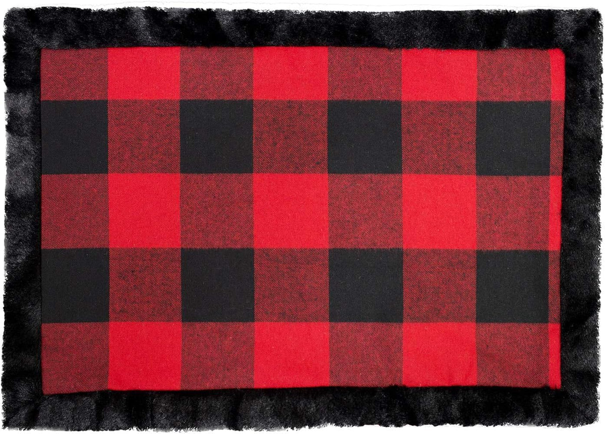 Unique Christmas Buffalo Plaid Red and Black with Faux Fur Border Design Placemat (Black Fur Placemat 13"x19" Set of 4) — table decor for gatherings holidays and entertaining seasonal decorating...