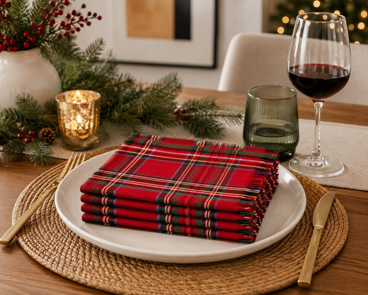 Christmas Tartan Cloth Napkins with Fringe 20" X 20", Set of 4 — table setting accent for dining and special occasions online gift shop find