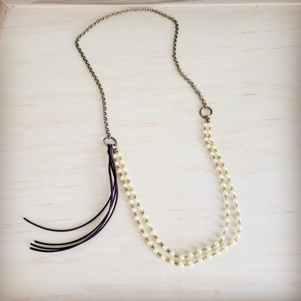 **Double Strand Champagne Pearl Beaded Necklace, Leather Tassel 264s