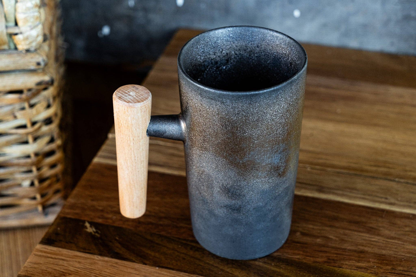 Industrial Textured Mug with Wooden Handle