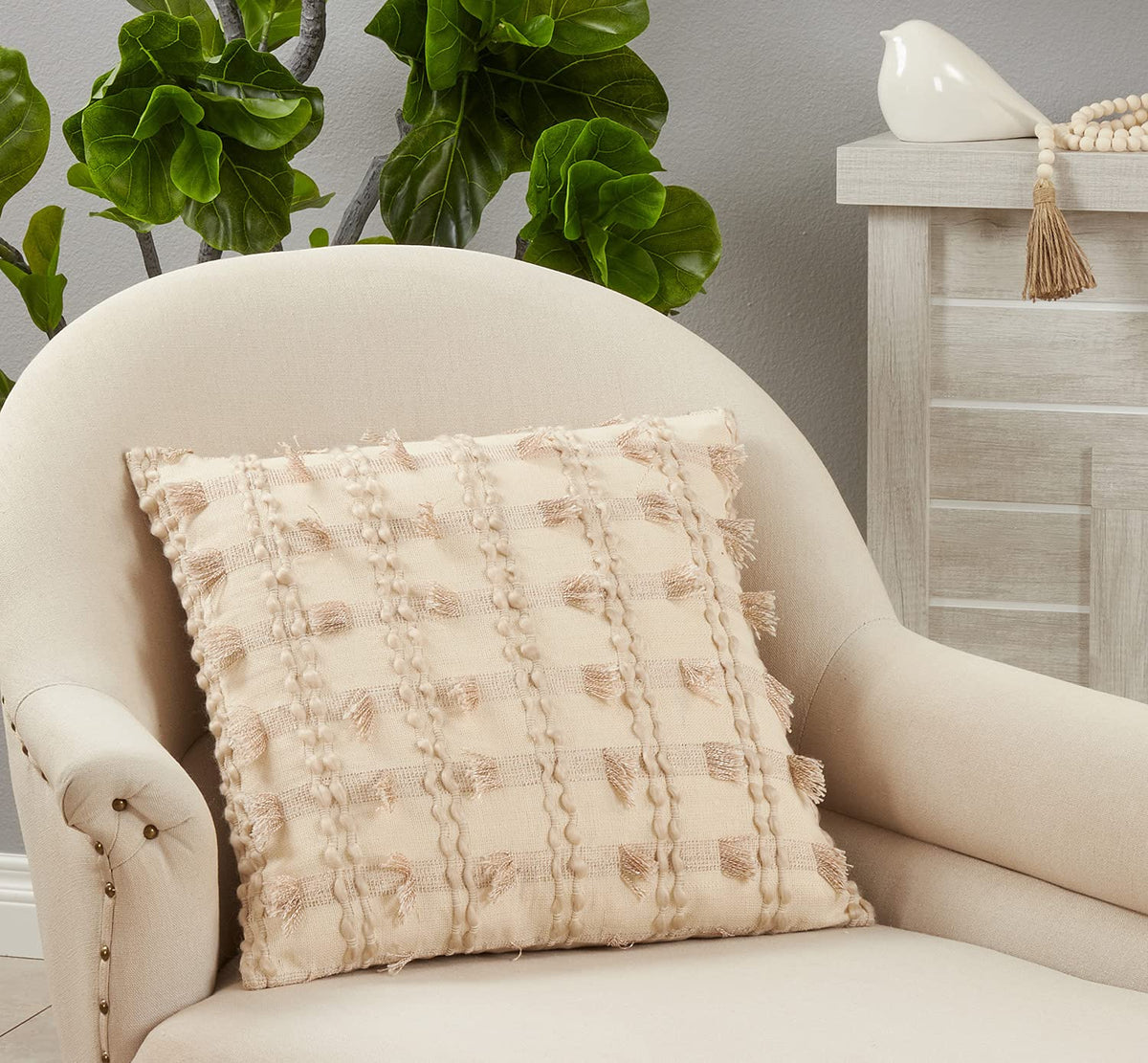 Boho Fringe Striped Decorative Throw Pillow 16" W x 24" L - Natural Cushion for Home, Couch, Living Room, Bedroom, Office Décor