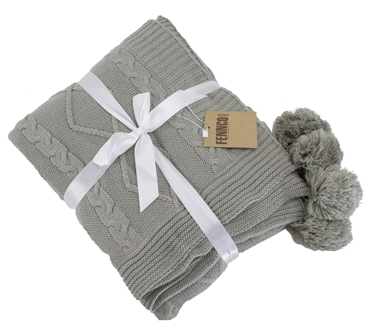 Luxe Faux Fur Cable Knit Reversible Pom Pom Cozy Throw Blanket, 50" x 60" (Grey)