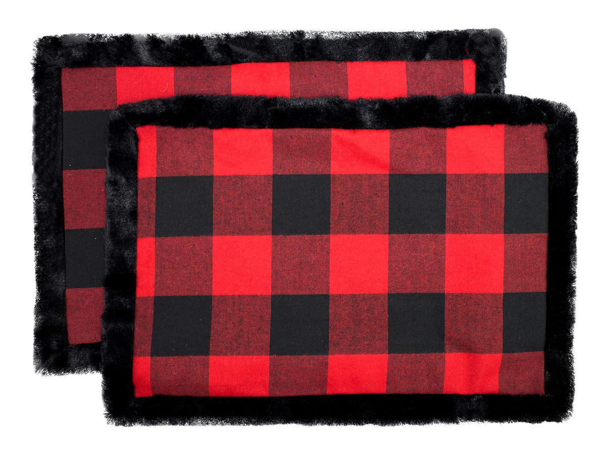 Unique Christmas Buffalo Plaid Red and Black with Faux Fur Border Design Placemat (Black Fur Placemat 13"x19" Set of 4) — dining room accent for seasonal table styling home styling accent