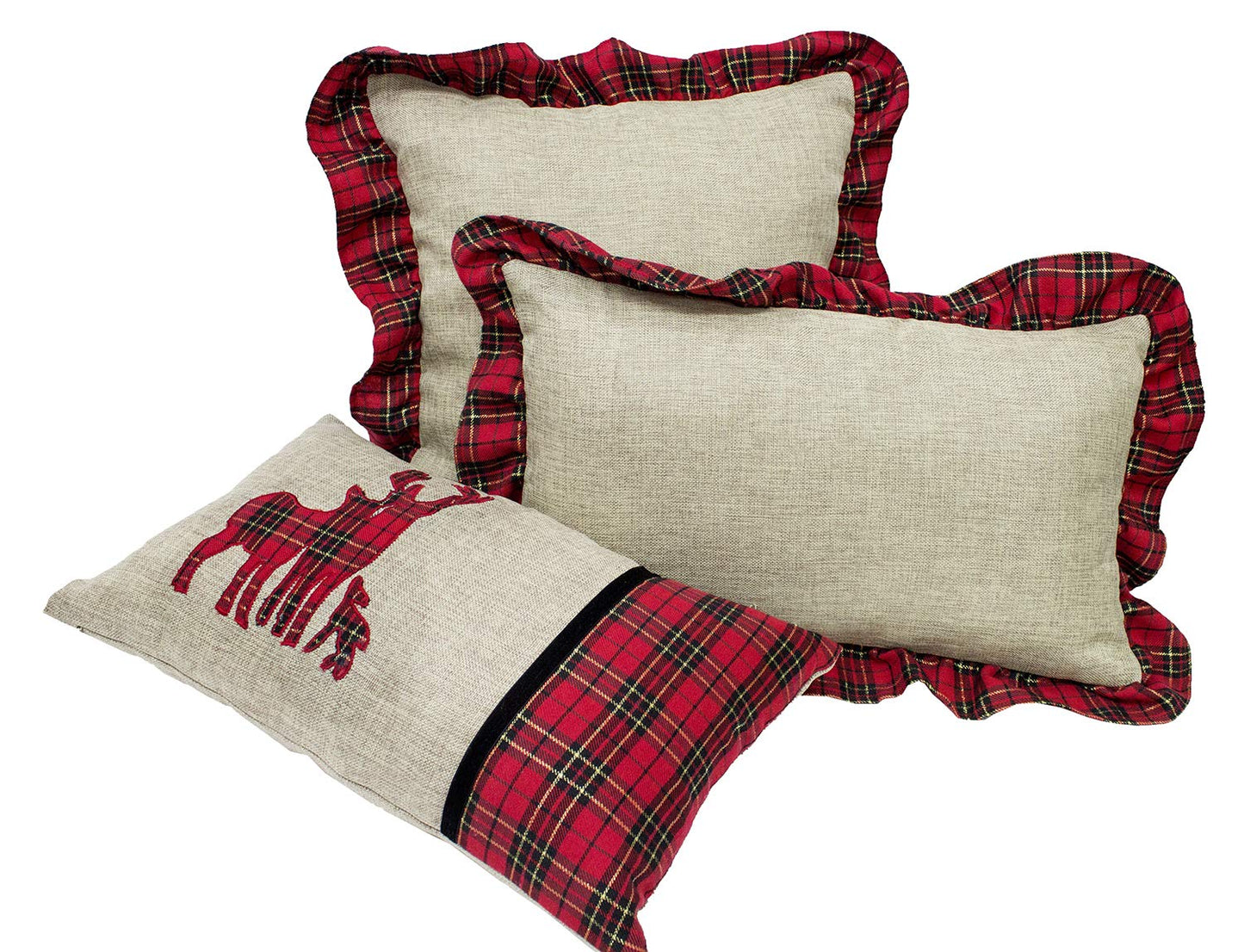 Fennco Styles Holiday Deer Tartan Plaid Ruffle Border Christmas Decorative Throw Pillow (12"x20" Ruffle Flange, Case+Insert)