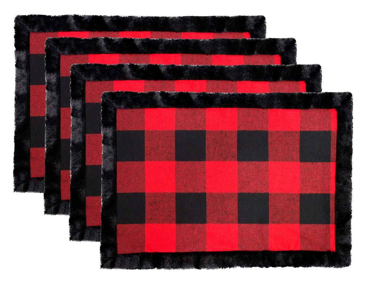 Unique Christmas Buffalo Plaid Red and Black with Faux Fur Border Design Placemat (Black Fur Placemat 13"x19" Set of 4) — dining table decor for home entertaining