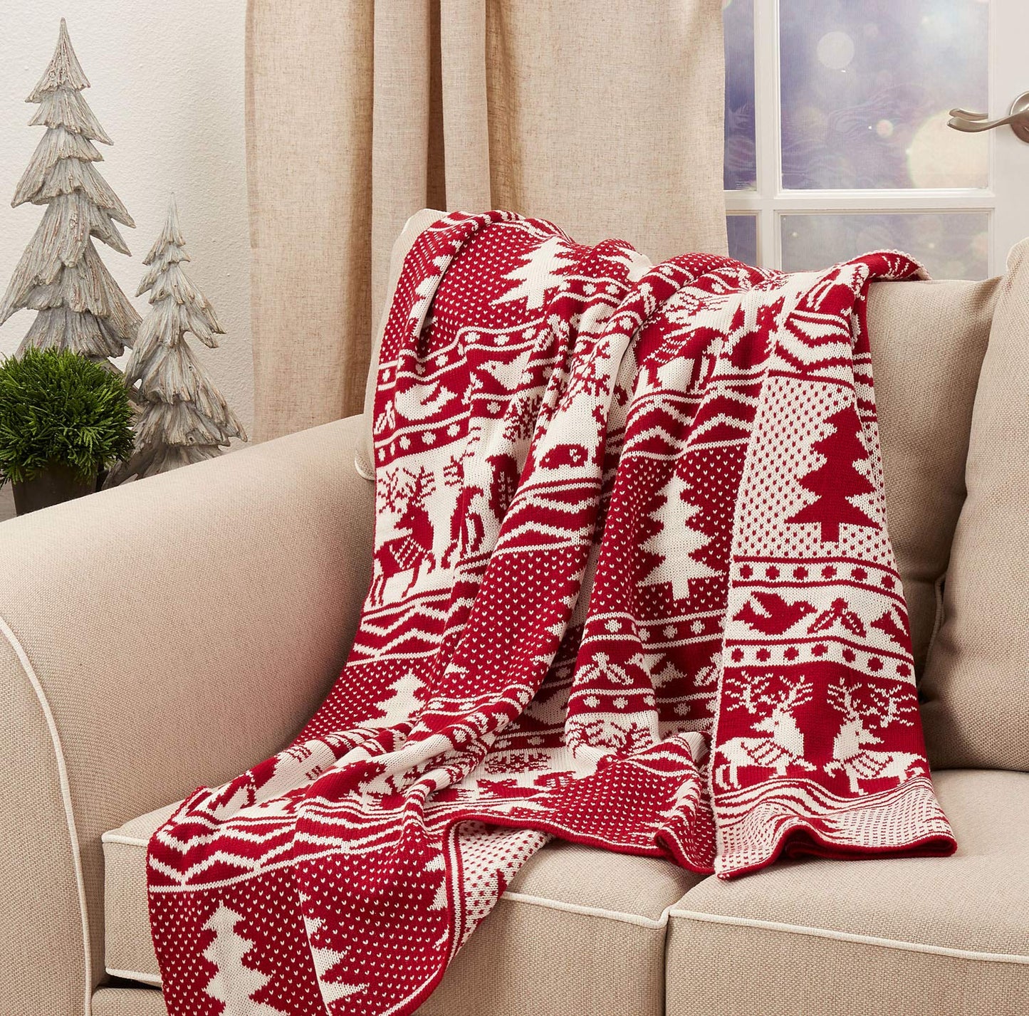 Fennco Styles Reversible Christmas Design Knitted Throw Blanket 50" W x 60" L – Red Blanket for Bed, Couch, Sofa, Home Décor, Ideas