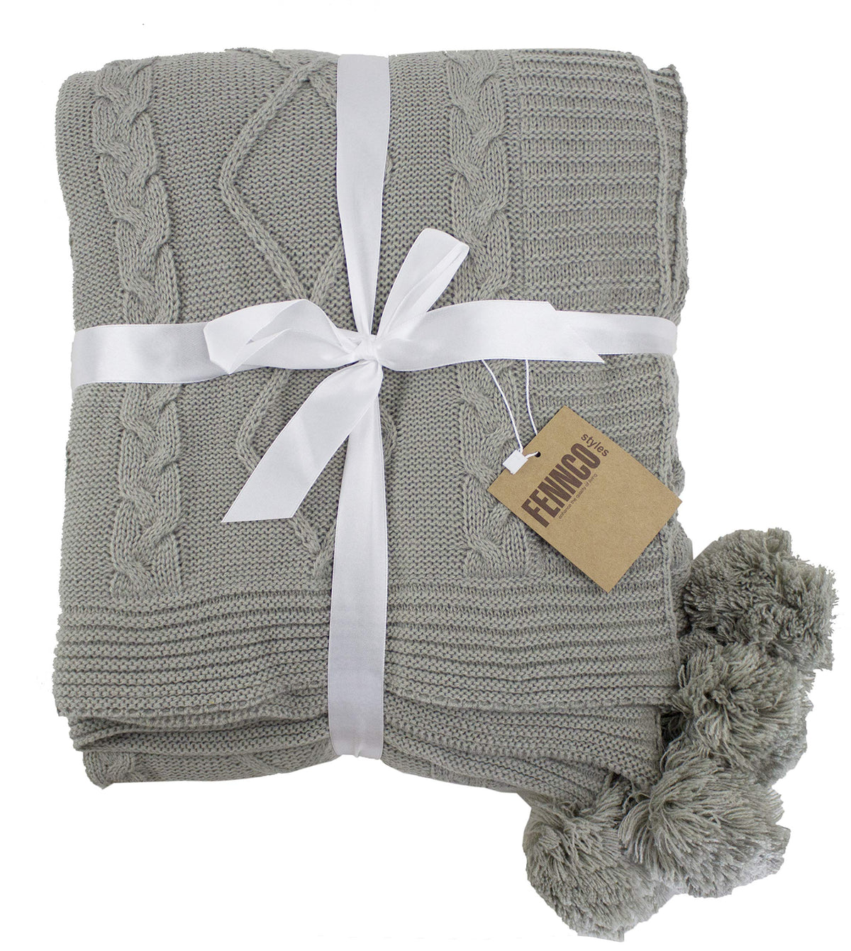 Luxe Faux Fur Cable Knit Reversible Pom Pom Cozy Throw Blanket, 50" x 60" (Grey)