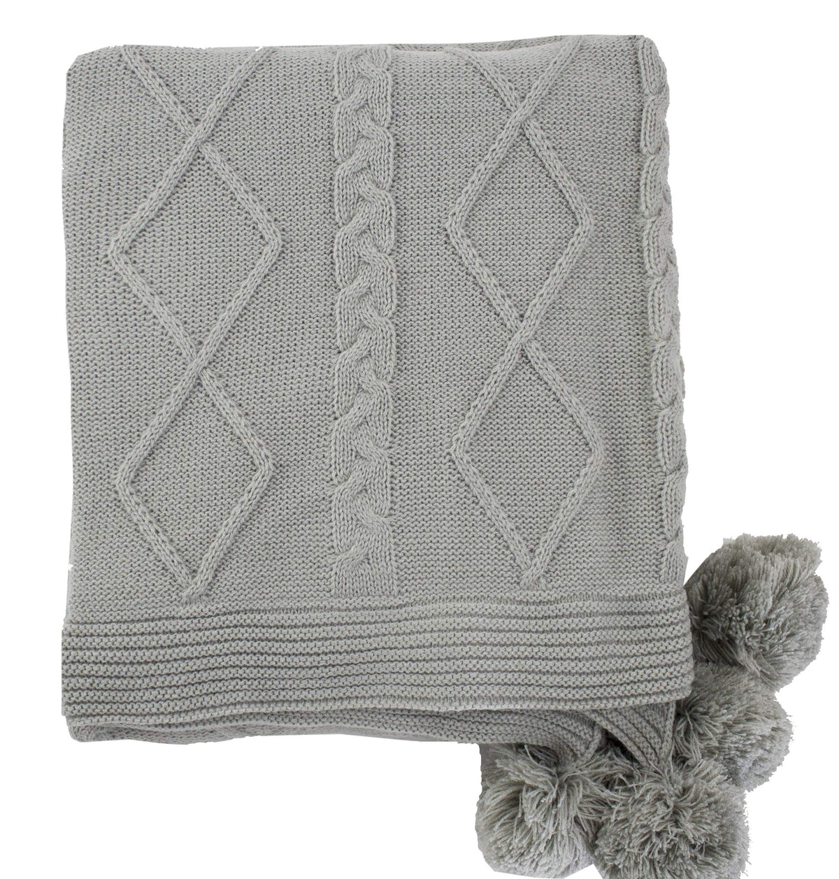 Luxe Faux Fur Cable Knit Reversible Pom Pom Cozy Throw Blanket, 50" x 60" (Grey)
