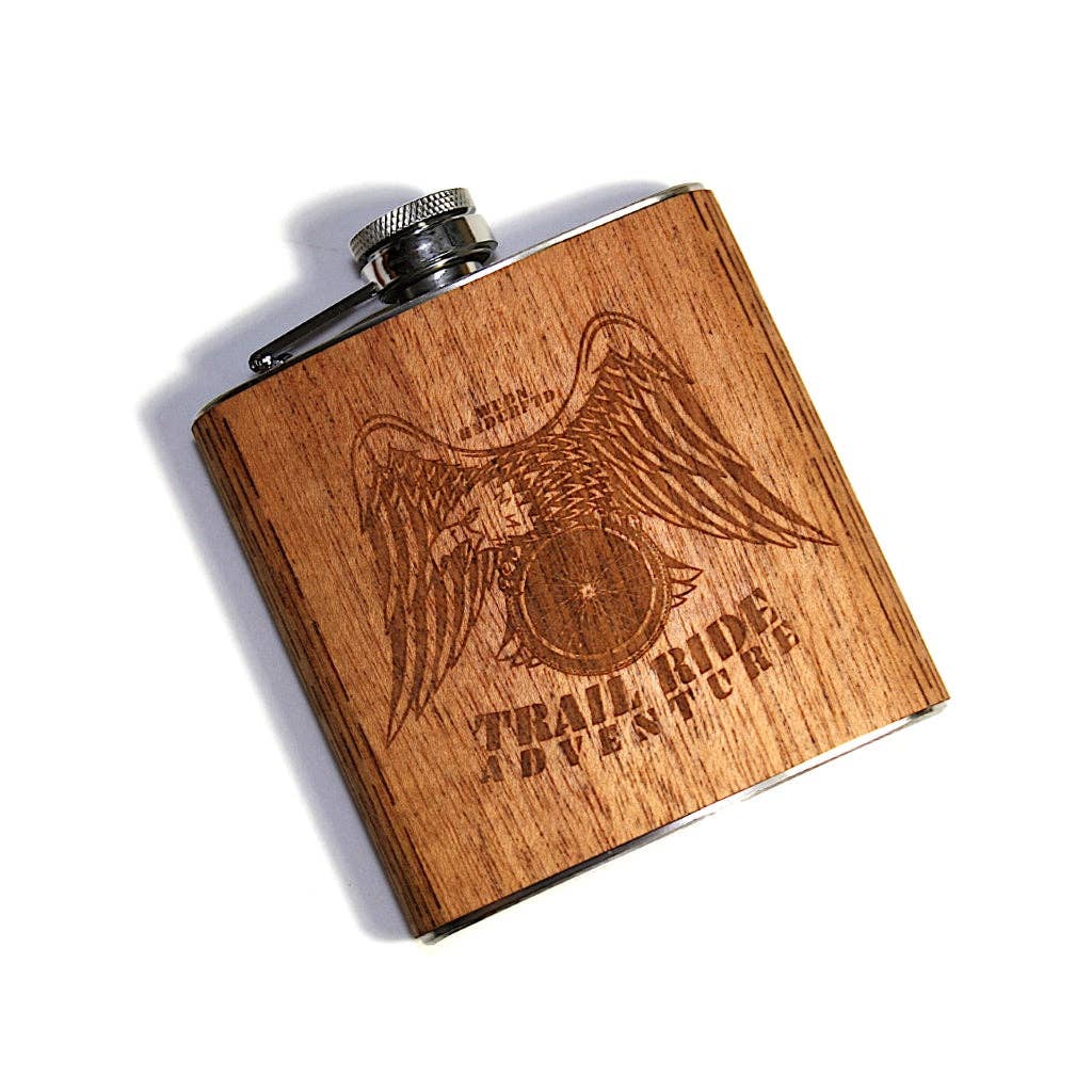 6 oz. Wooden Hip Flask – Bicycle with Mountain Scene | Trail Ride Collection