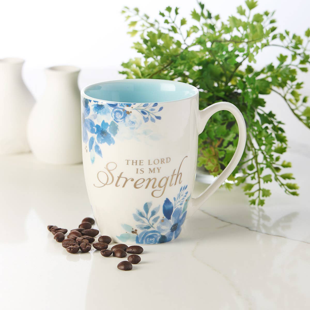 Mug White/Blue Floral The Lord is My Strength Ps. 28:7