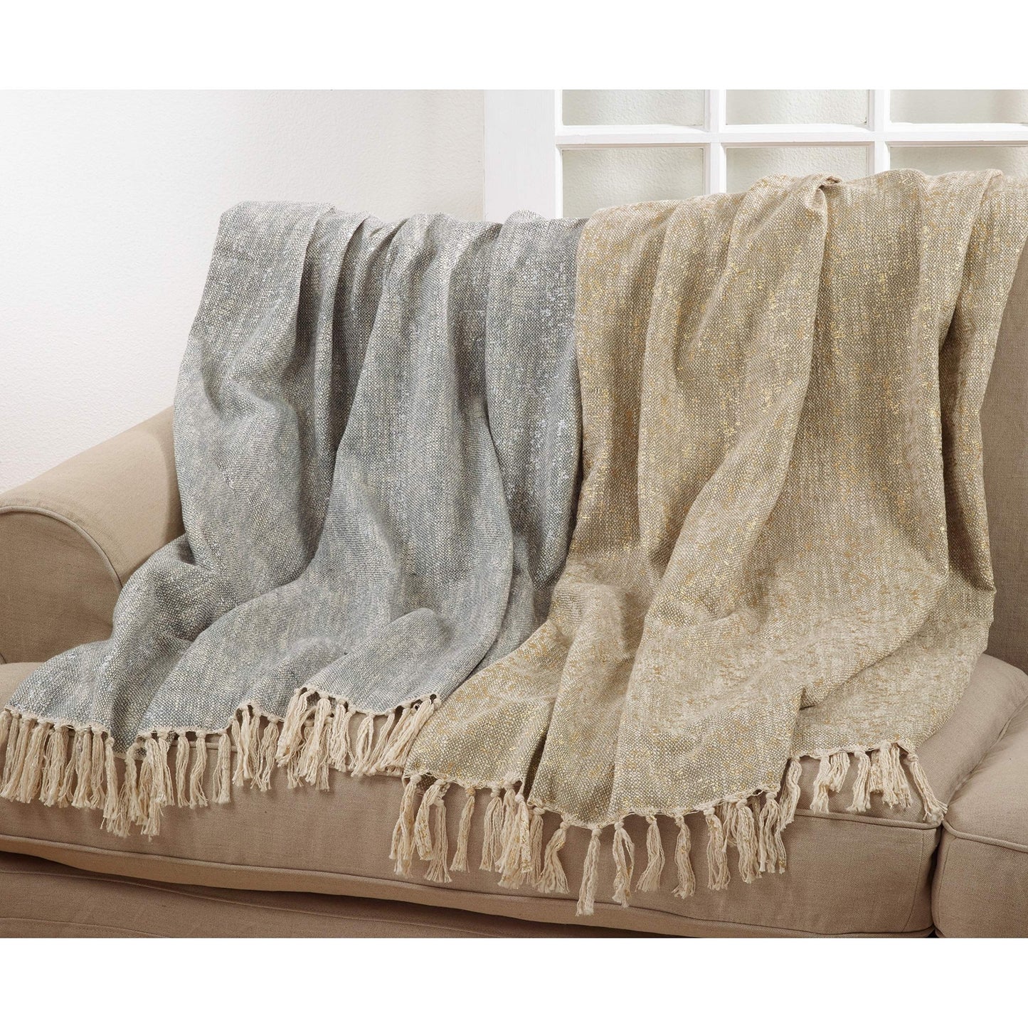 Fennco Styles Unique Metallic Print Design 100% Cotton Throw Blanket with Tassels - 2 Colors