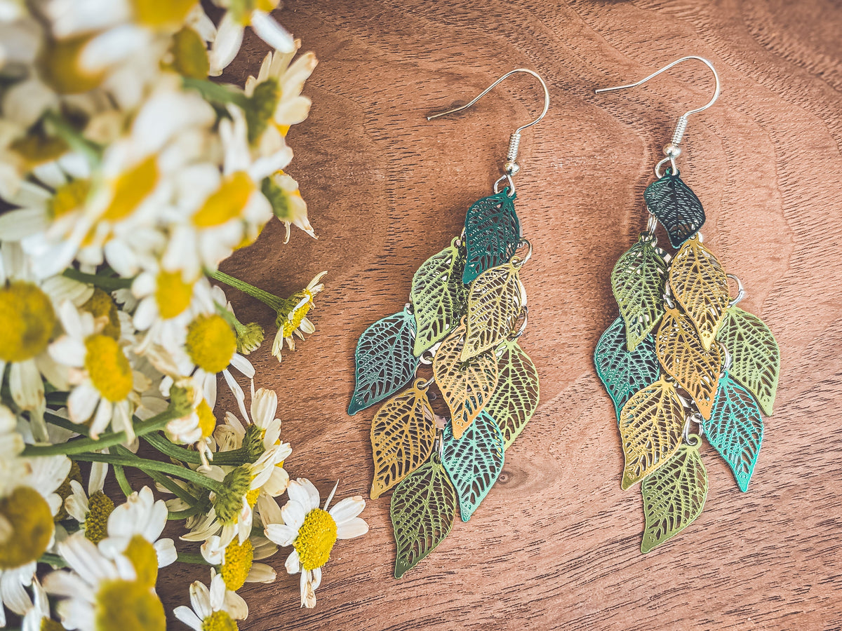 Beautiful Green Leaf Chandelier Earrings