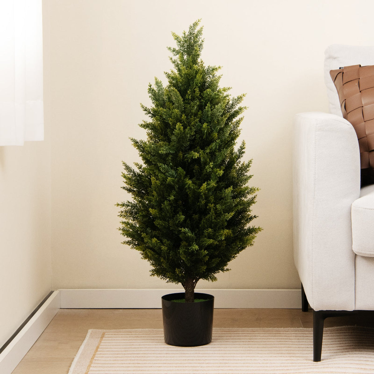 3 Feet Artificial Topiary Cedar Tree with Cement Plastic Pot and Faux Moss-Green — faux plant accent for living room office and home decor