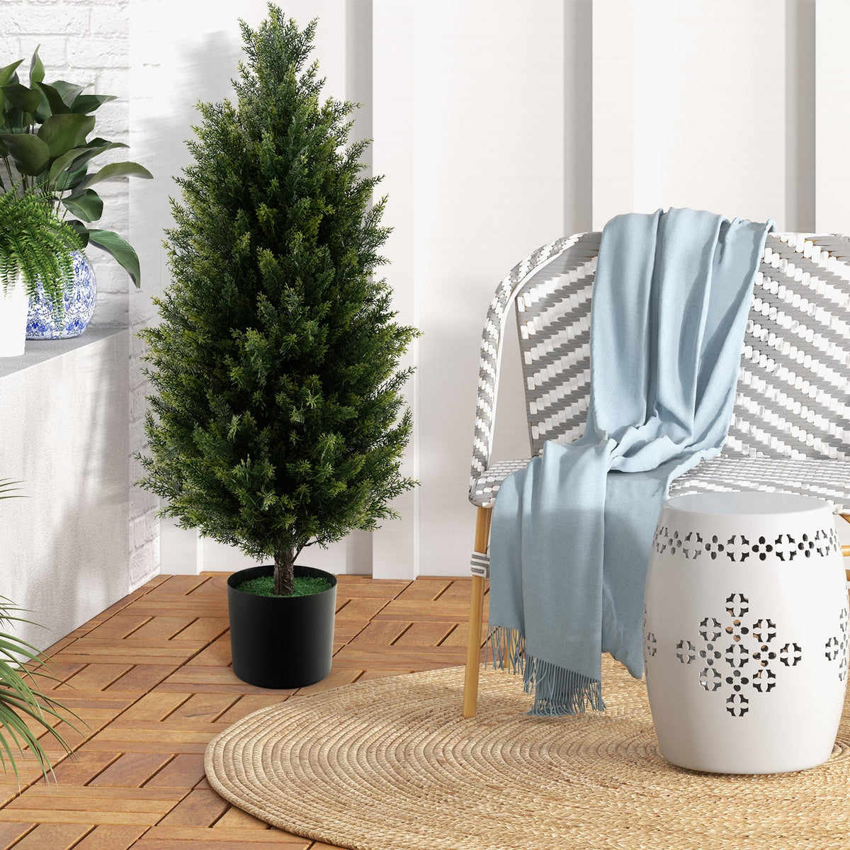 3 Feet Artificial Topiary Cedar Tree with Cement Plastic Pot and Faux Moss-Green — artificial botanical decor for low maintenance greenery gift-ready decor idea