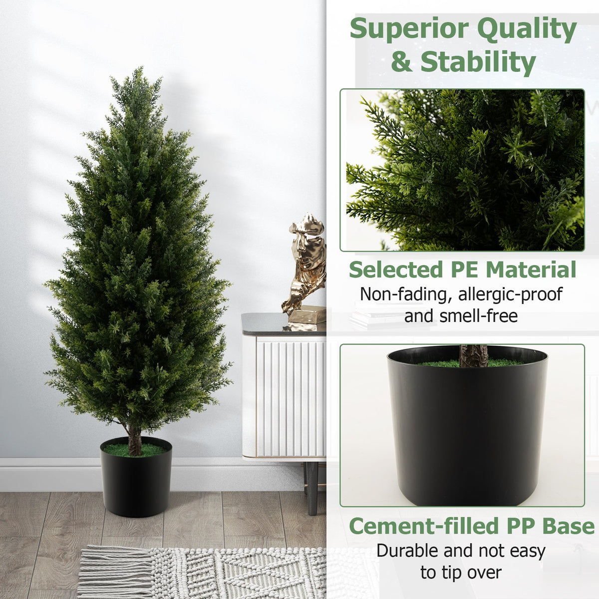 3 Feet Artificial Topiary Cedar Tree with Cement Plastic Pot and Faux Moss-Green — decorative artificial greenery for indoor spaces home and holiday accent