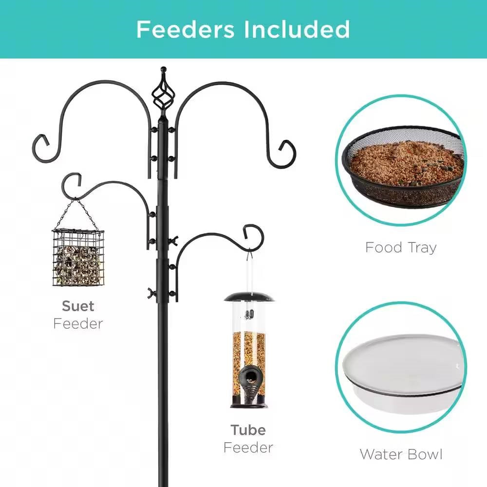 Complete Bird Feeder Set with Black Metal Stand and Bird Feeders