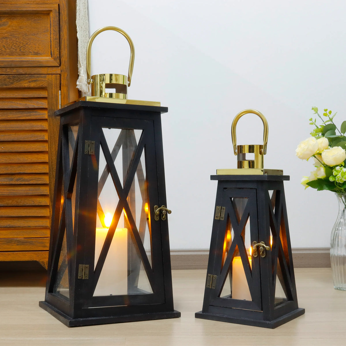 Set of 2-12''&18''H Farmhouse Wooden Lantern(Black Trapezoid)