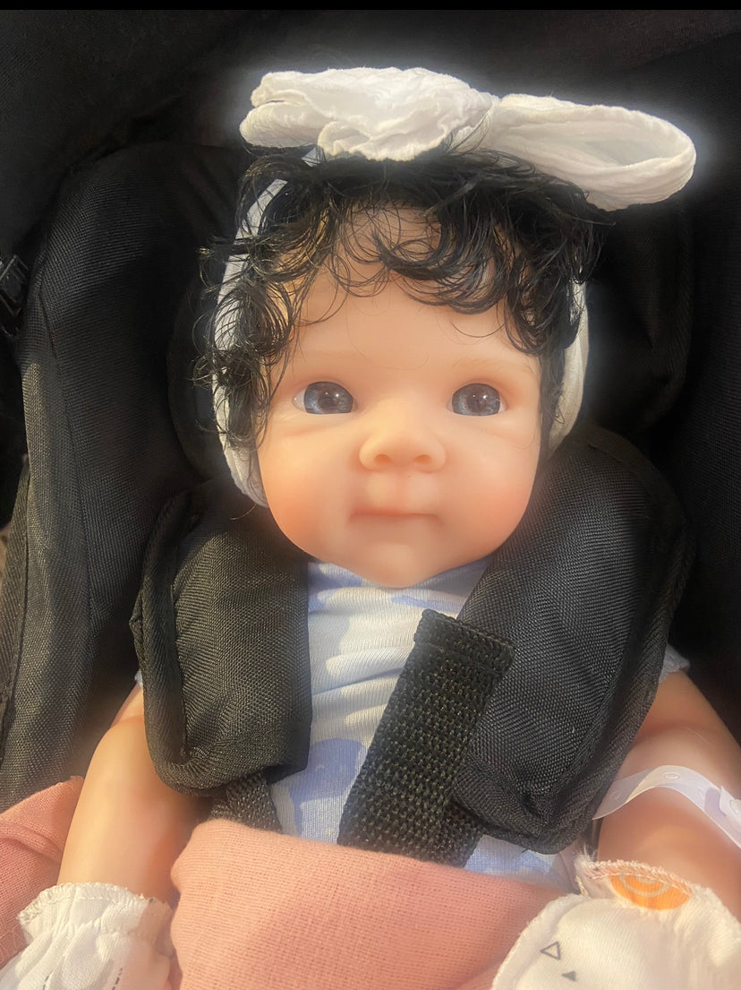“Snow White” 18in Full PREMIUM Silicone No lines on limbs Custom Hand-rooted Hair Baby Girl open mouth approx 7lbs EYELASHES ADDED tat 10-15 days