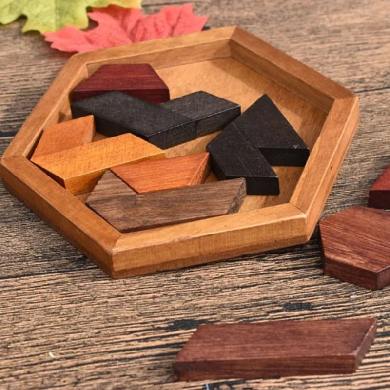 Hexagonal Wooden Puzzles, IQ Game Educational Toy for Children, Kids & Adults, Tangram Board IQ Brain Teaser, Montessori Gift Toy