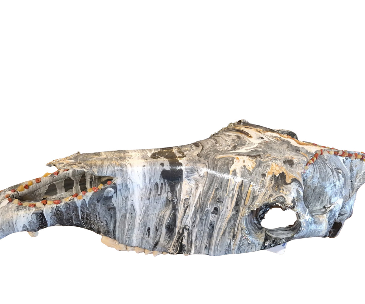 Horse Skull Grey Black White Acrylic Pour