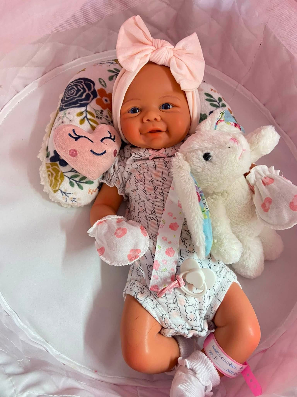 Neilani Bald 18” Full Silicone Baby Girl tan skin, no hair, open mouth approx 6lbs