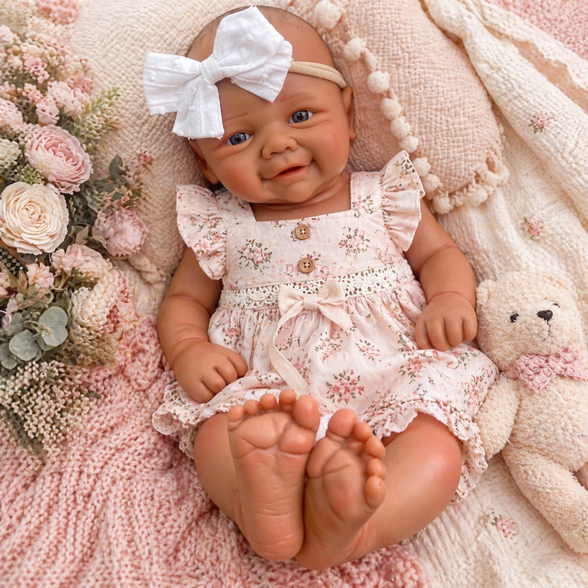 Neilani Bald 18” Full Silicone Baby Girl tan skin, no hair, open mouth approx 6lbs