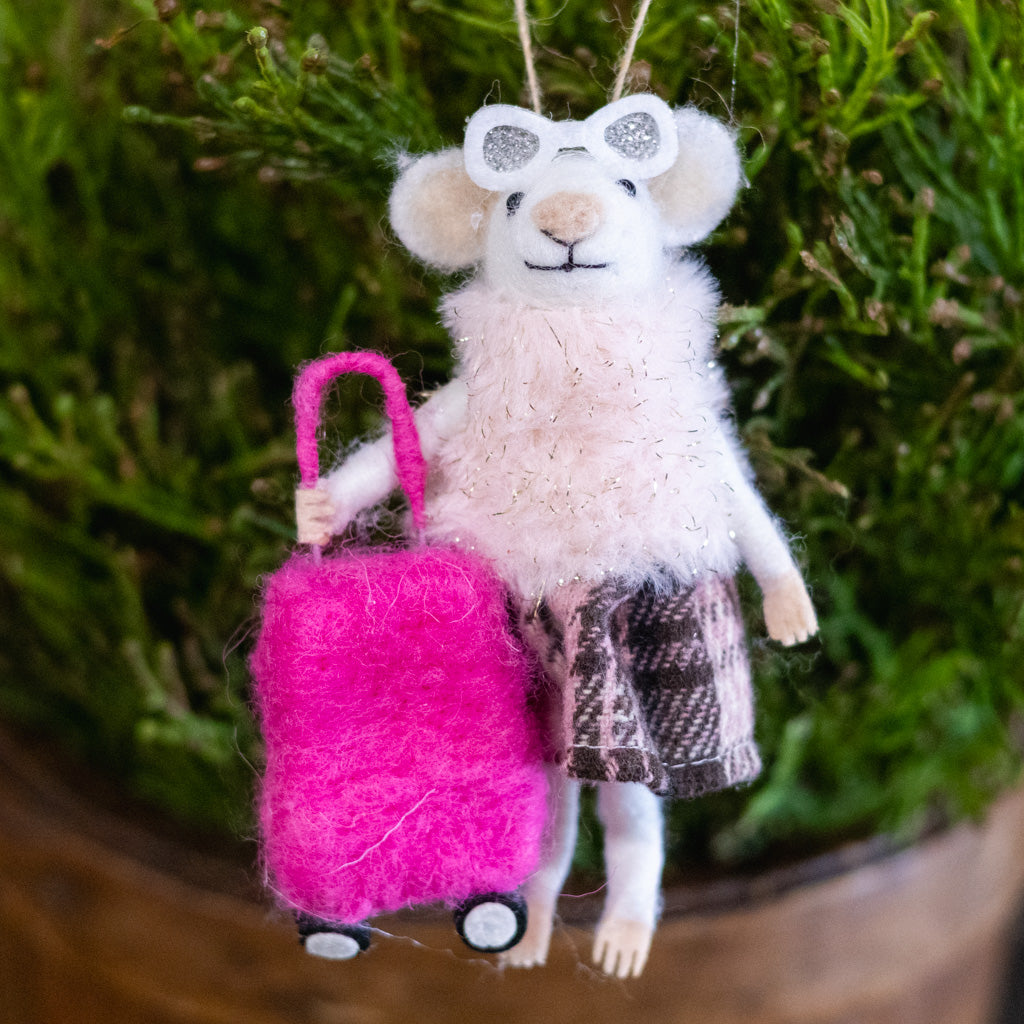 Felt "Traveling" Mouse with Sunglasses and Fur Coat Holding a Suitcase Ornament