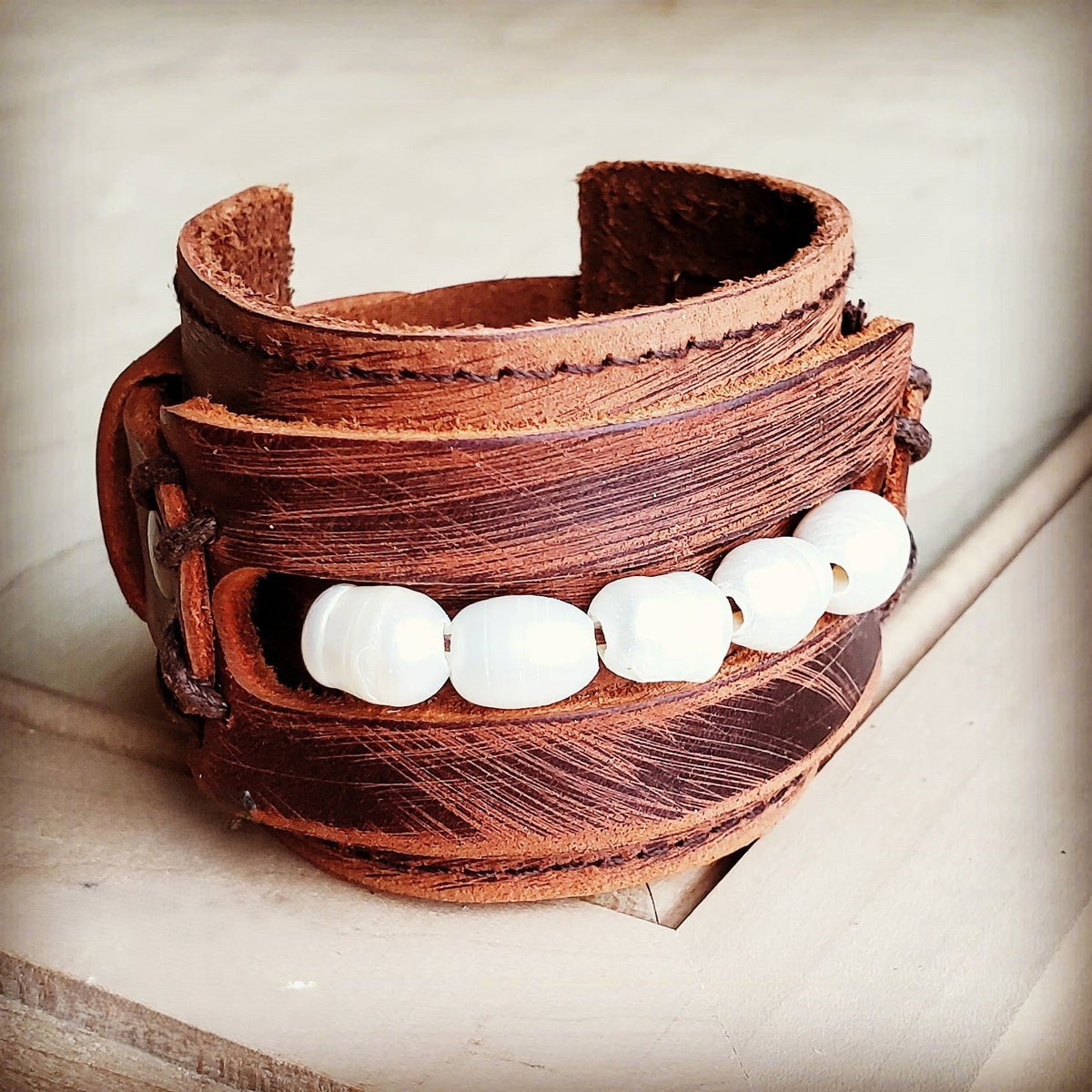 Genuine Leather Wide Cuff with Genuine Freshwater Pearls 004Y