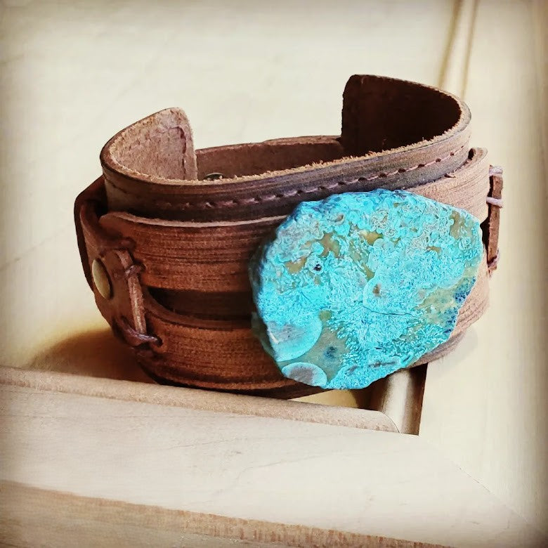 **Genuine Leather Wide Cuff Bracelet w/ Ocean Agate Slab 004C