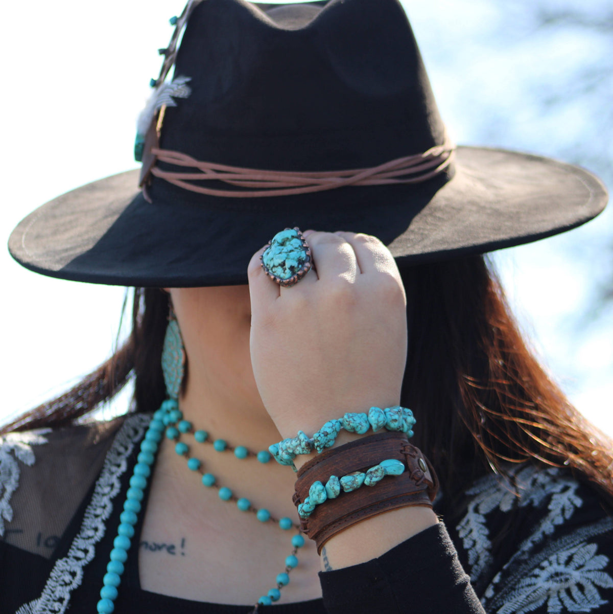 **Genuine Leather Wide Cuff Bracelet w/ Natural Turquoise Chunks 006p