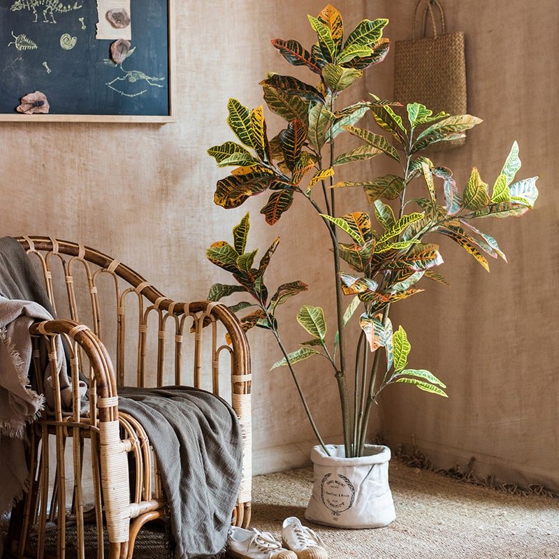 Large Leaf Artificial Croton Tree In Pot — faux plant accent for living room office and home decor