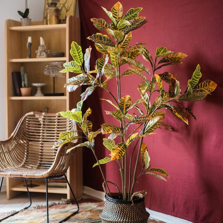 Large Leaf Artificial Croton Tree In Pot — lifelike botanical accent for year round home decor seasonal decorating choice