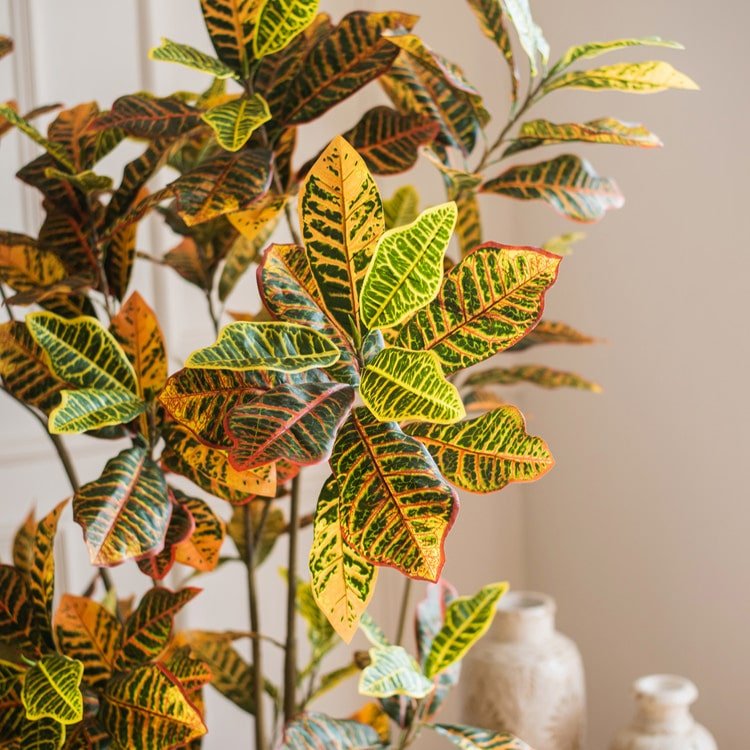 Large Leaf Artificial Croton Tree In Pot — realistic faux greenery for indoor home decor home styling accent