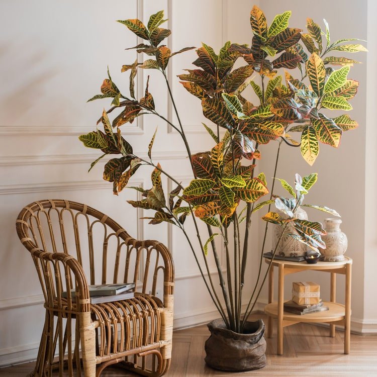 Large Leaf Artificial Croton Tree In Pot — artificial botanical decor for low maintenance greenery gift-ready decor idea