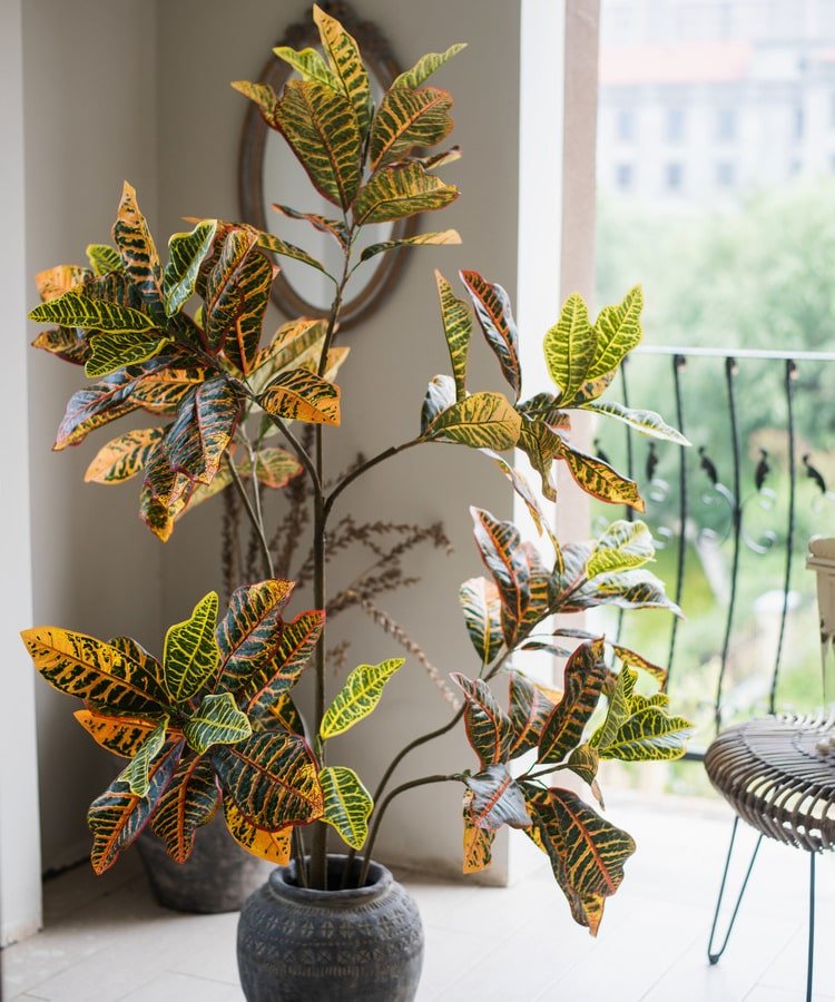 Large Leaf Artificial Croton Tree In Pot — faux plant accent for living room office and home decor decorative design