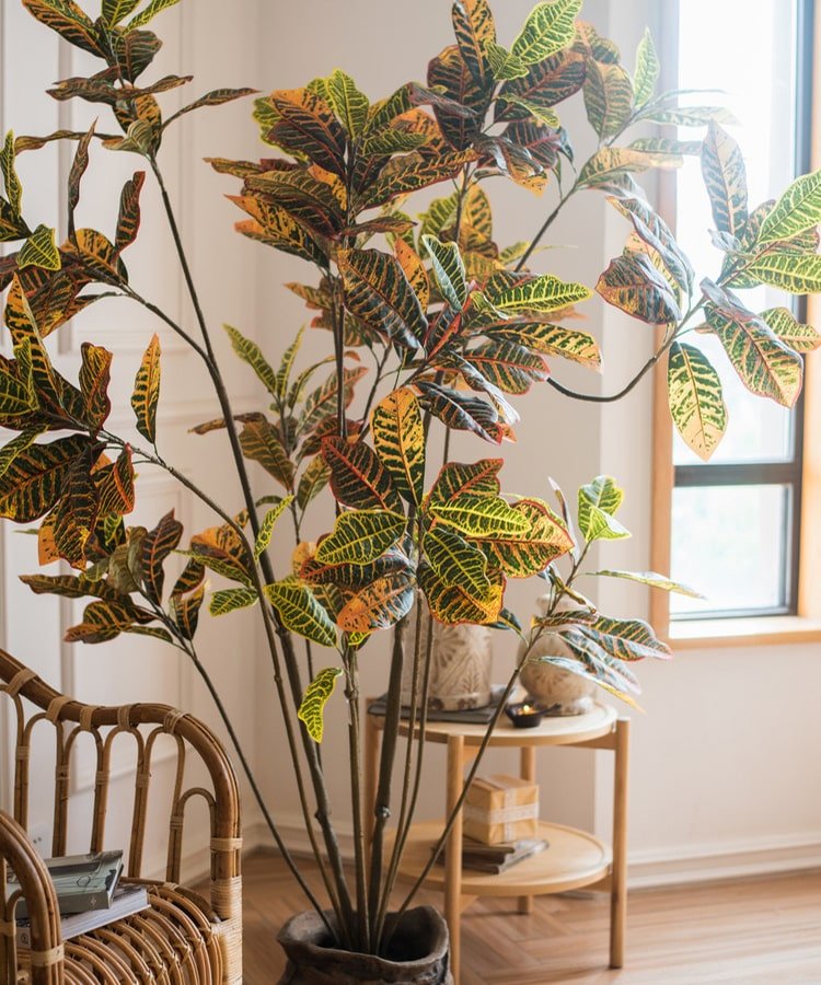 Large Leaf Artificial Croton Tree In Pot — realistic faux greenery for indoor home decor interior decorating accent