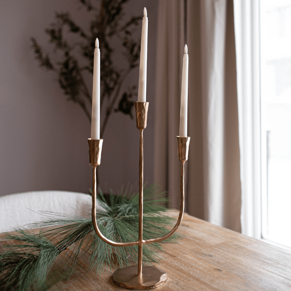 Luxe B Co. Large 3-Arm Iron Candelabra – Brushed Gold