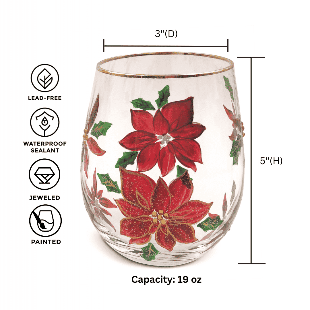 Painted Poinsettia Stemless Wine Glasses
