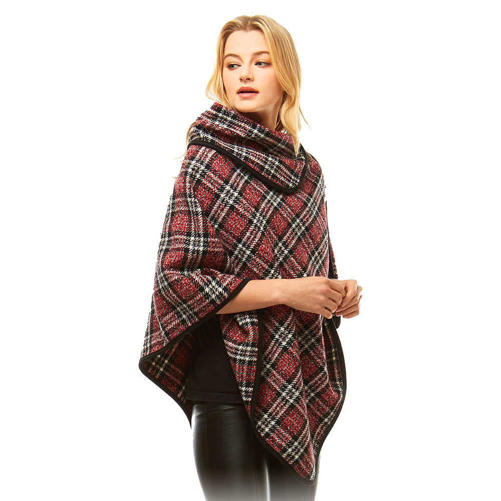 Cozy Plaid High Neck Buttons Collar Poncho Ruana