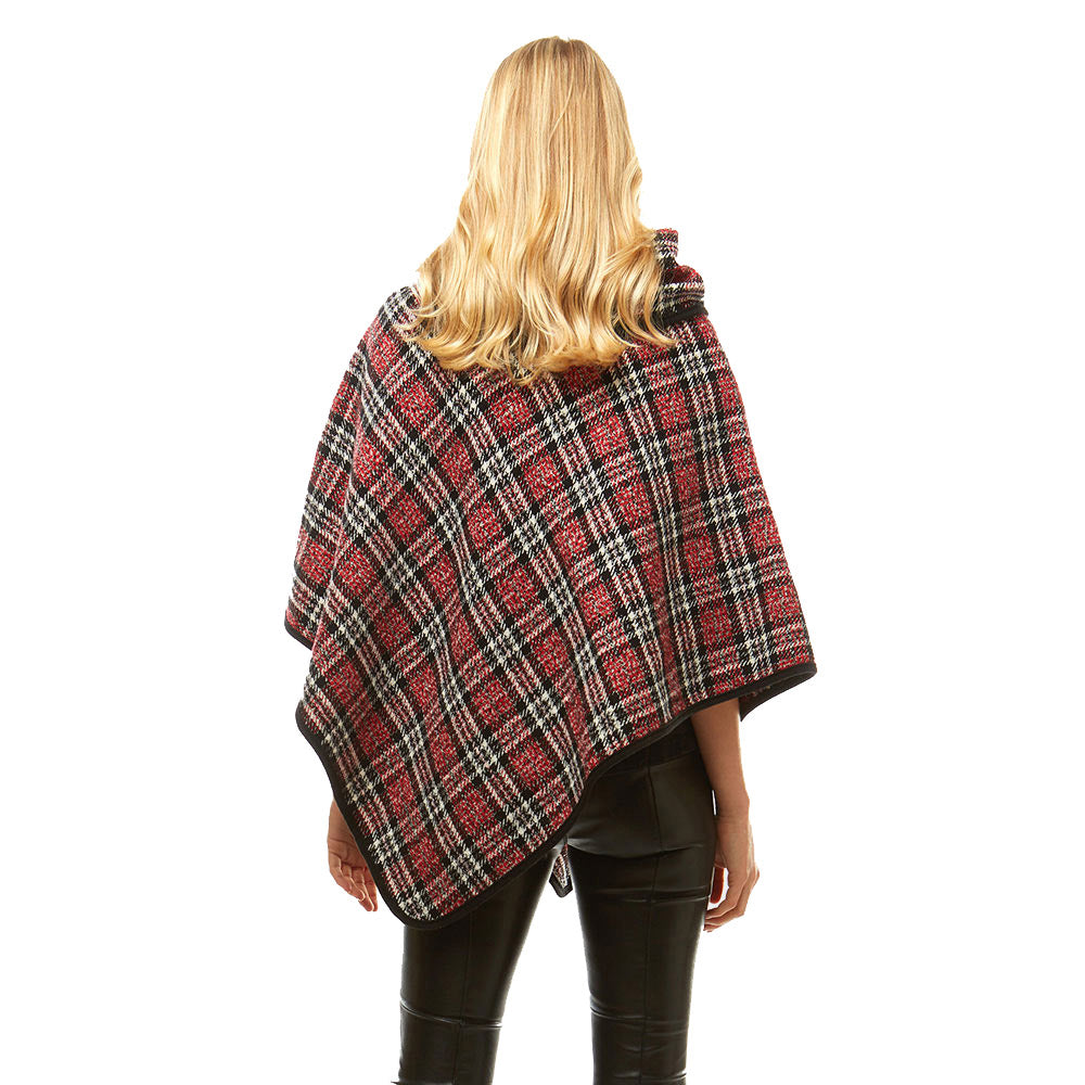 Cozy Plaid High Neck Buttons Collar Poncho Ruana