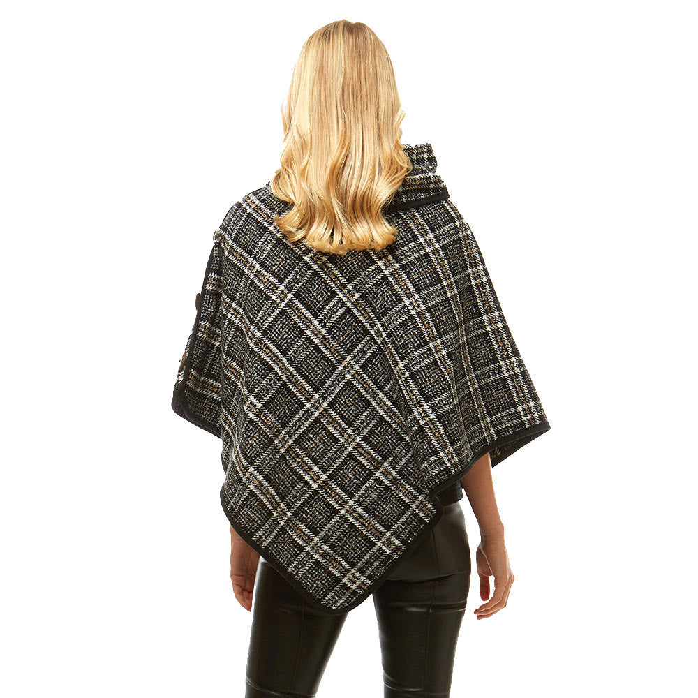 Cozy Plaid High Neck Buttons Collar Poncho Ruana