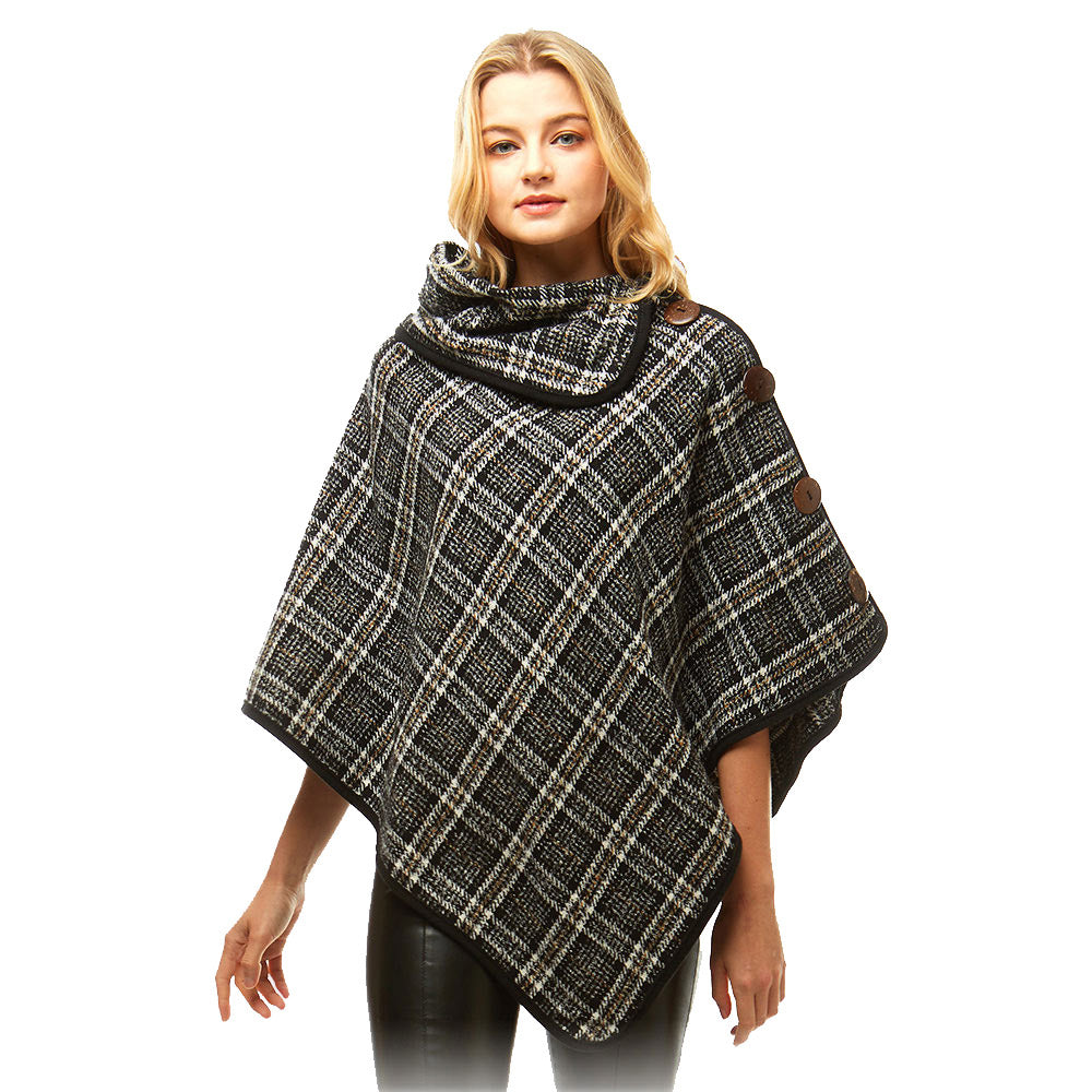 Cozy Plaid High Neck Buttons Collar Poncho Ruana