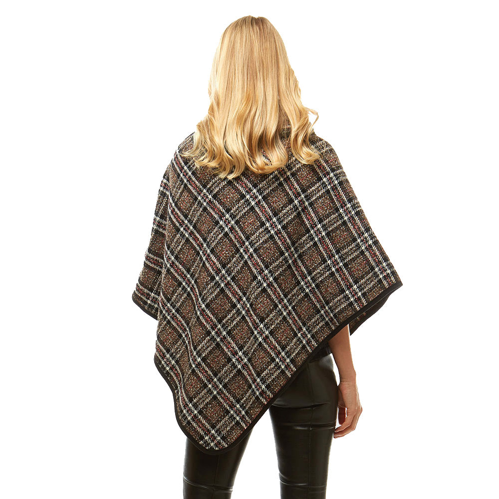 Cozy Plaid High Neck Buttons Collar Poncho Ruana